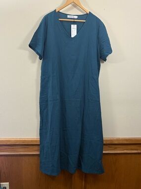 Audate dark teal V-neck midi dress womens XL NWT shift lagenlook casual comfy